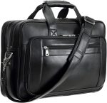 Compalo Men's Solid Thick Full Grain Leather 17.3" Laptop Briefcase Classic Messenger Bag Fit Business Travel